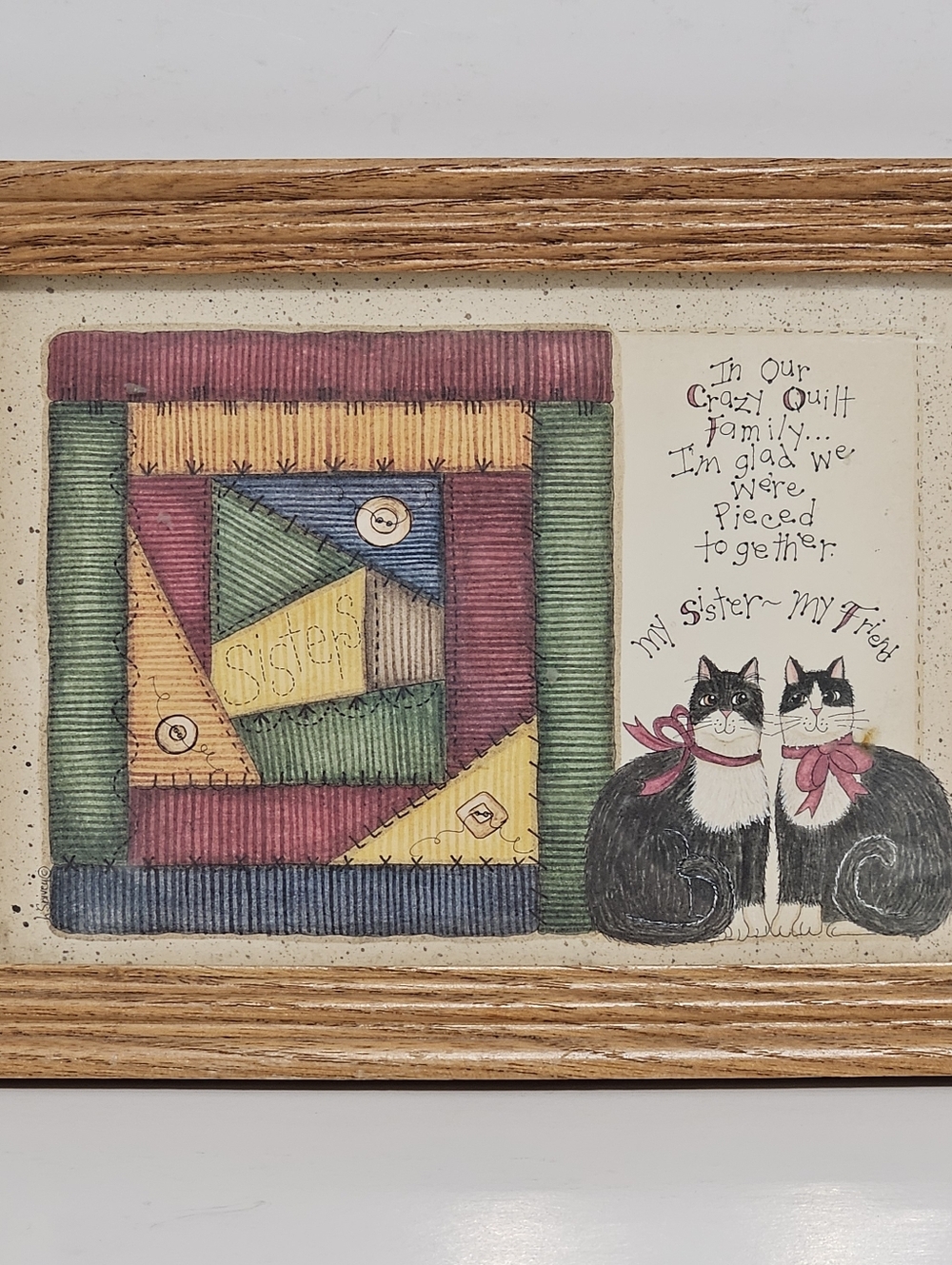 8x6" Sisters Crazy Quilt Wall Hanging Plaque Sign Wooden Framed Colorful Wall Ar